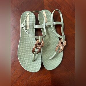 Ipanema Green and Gold Sandals T-Strap Design